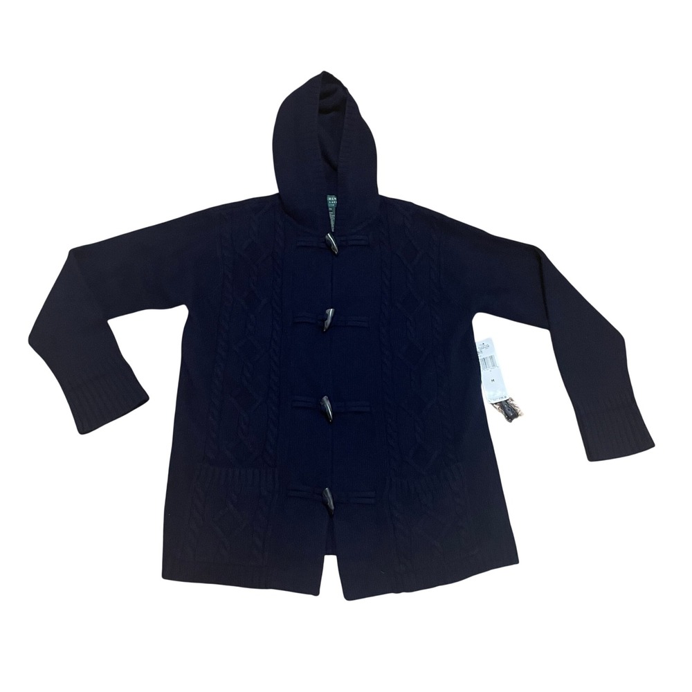 Ralph Lauren Med Petite Navy Merino Cashmere Angora Toggle Hooded Cardigan NWT